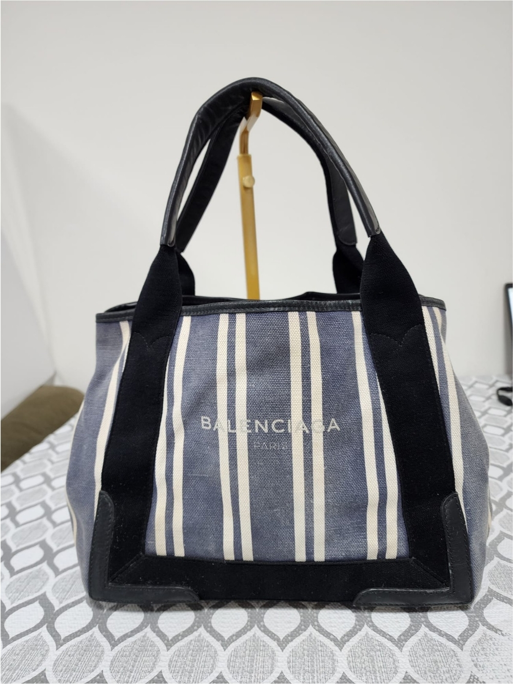 Balenciaga Canvas Striped Navy Cabas S Tote Bag Navy Blue/White/Black